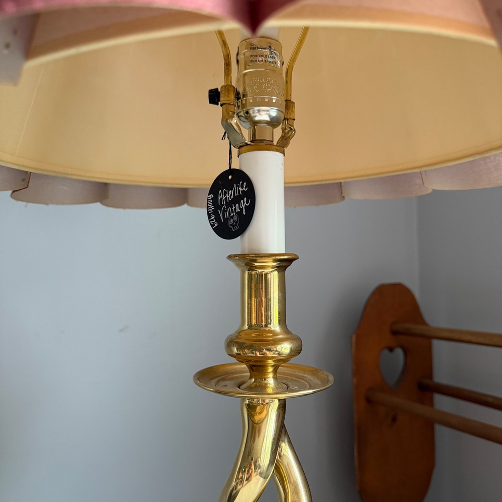 Vintage Brass Double Twist Spiral Table Lamp with Pink Accordion Pleat Shade 30" - Picture 3 of 6